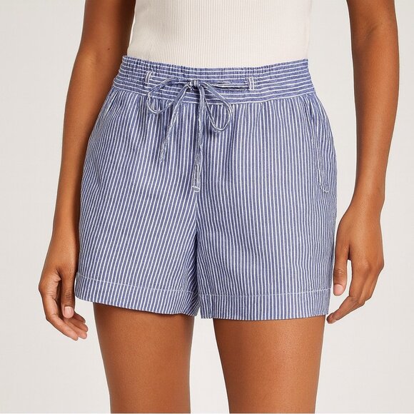 Talbots Blue White Linen Cotton Striped Drawstring Summer Shorts 4P - Picture 1 of 16